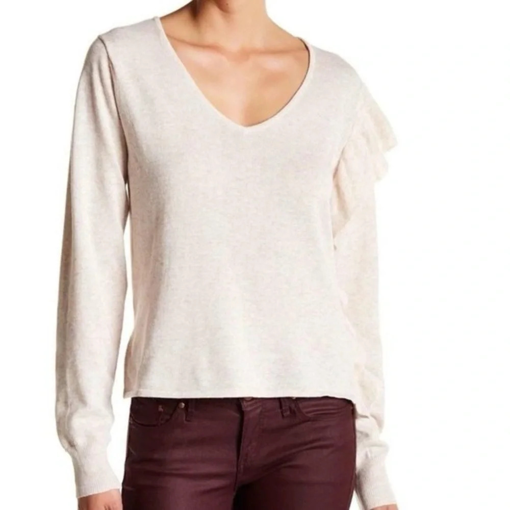 John + Jenn Women’s Ivory Wool Blend Ruffle Draped Trim V Neck Crop Sweater L